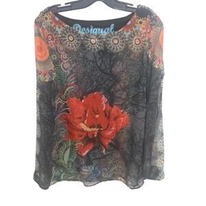 Desigual Sheer Floral Long Sleeve Tunic Blouse - L